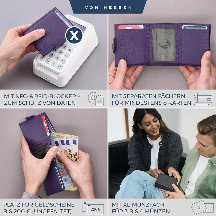 VON HEESEN Slim Wallet mit XL Münzfach Violet Violet XL MÜNZFACH (Kartenslot), Violet XL MÜNZFACH (K
