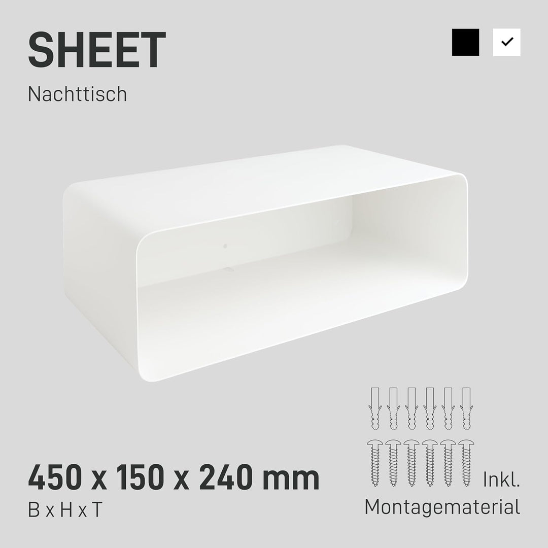 Natural Goods Berlin 1x Nachttisch Sheet - Schweberegal Weiss, Metall 45 x 24 x 15 cm - Nachttisch h