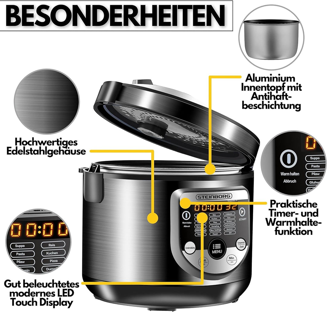 18in1 Multikocher Schongarer | 900 Watt | 5 Liter | Reiskocher | Dampfgarer | Speisewärmer | Sautier