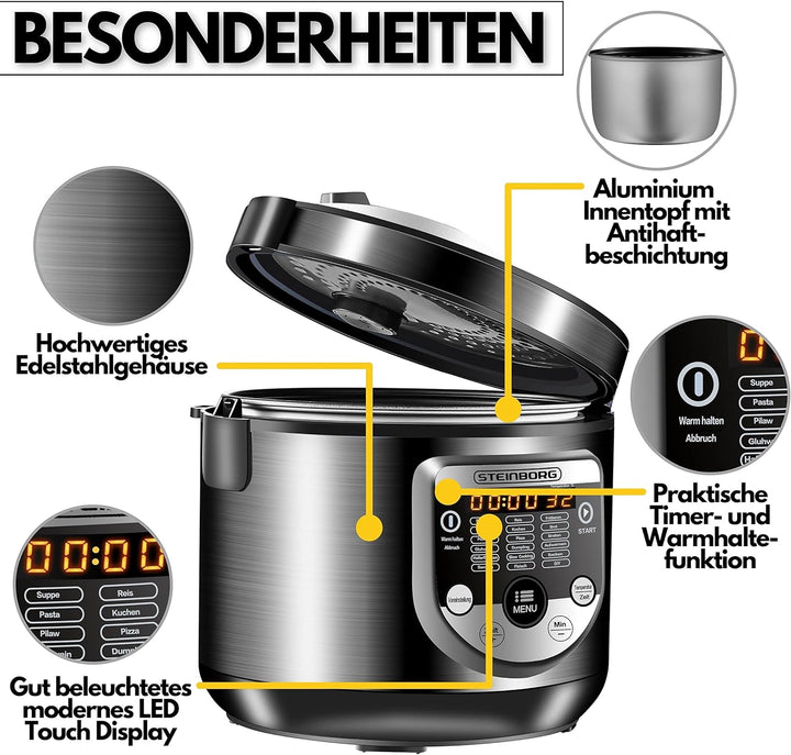 18in1 Multikocher Schongarer | 900 Watt | 5 Liter | Reiskocher | Dampfgarer | Speisewärmer | Sautier