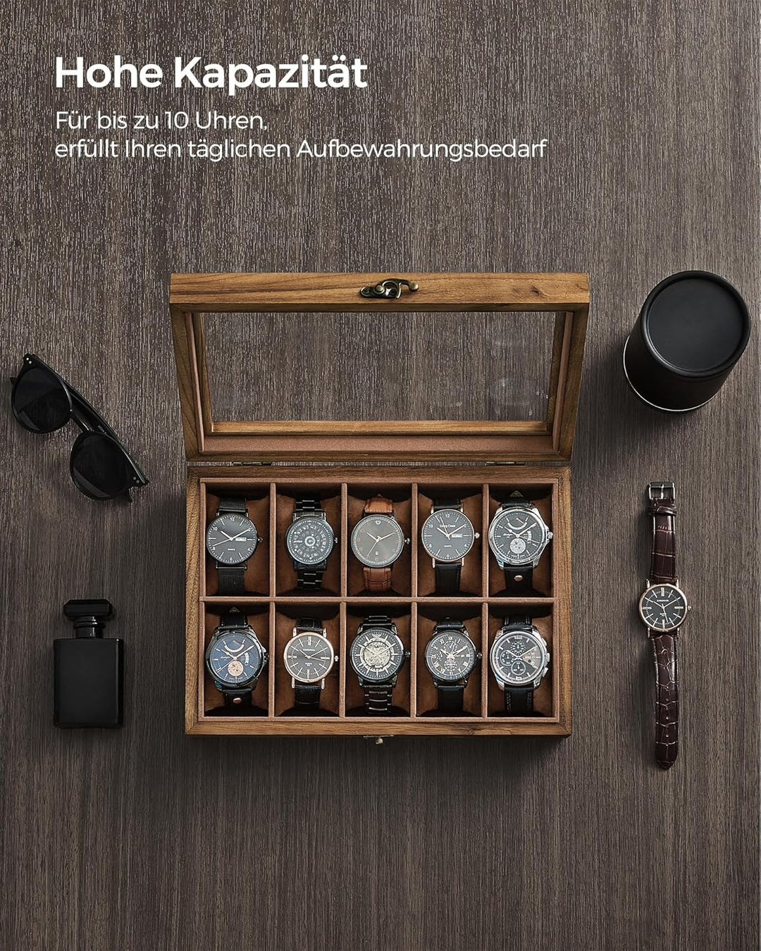 SONGMICS Uhrenbox mit 10 Fächern, Uhrenkasten aus Massivholz, mit Glasdeckel, Uhrenkissen, Geschenk