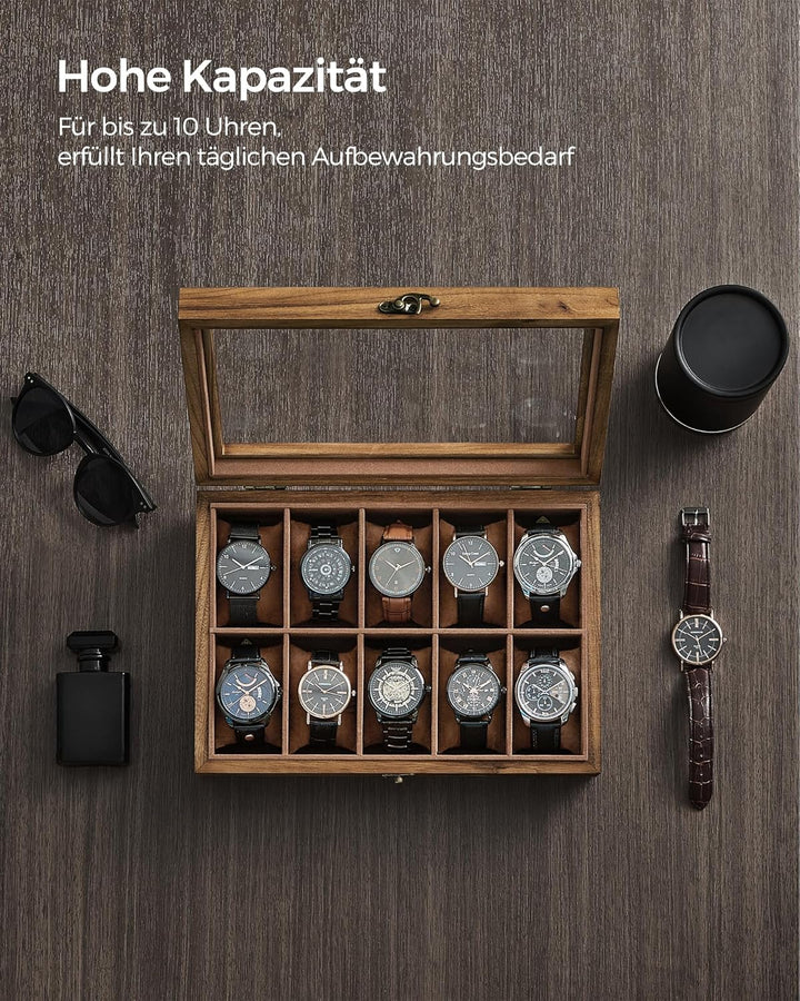 SONGMICS Uhrenbox mit 10 Fächern, Uhrenkasten aus Massivholz, mit Glasdeckel, Uhrenkissen, Geschenk