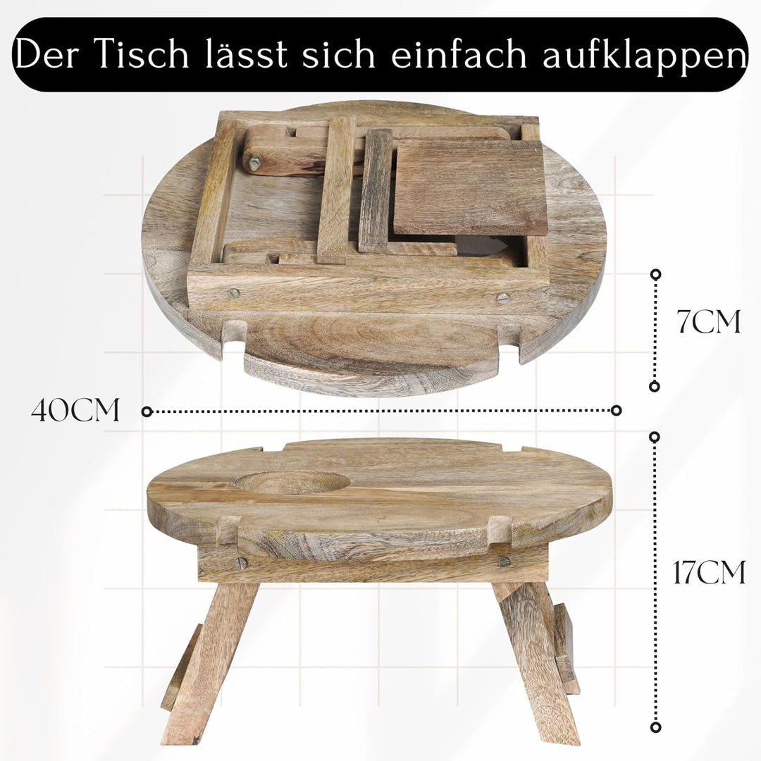 Marrakesch Picknick Klapptisch aus Holz Tablett Durchmesser 40 cm | Campingtisch Roman klappbar für