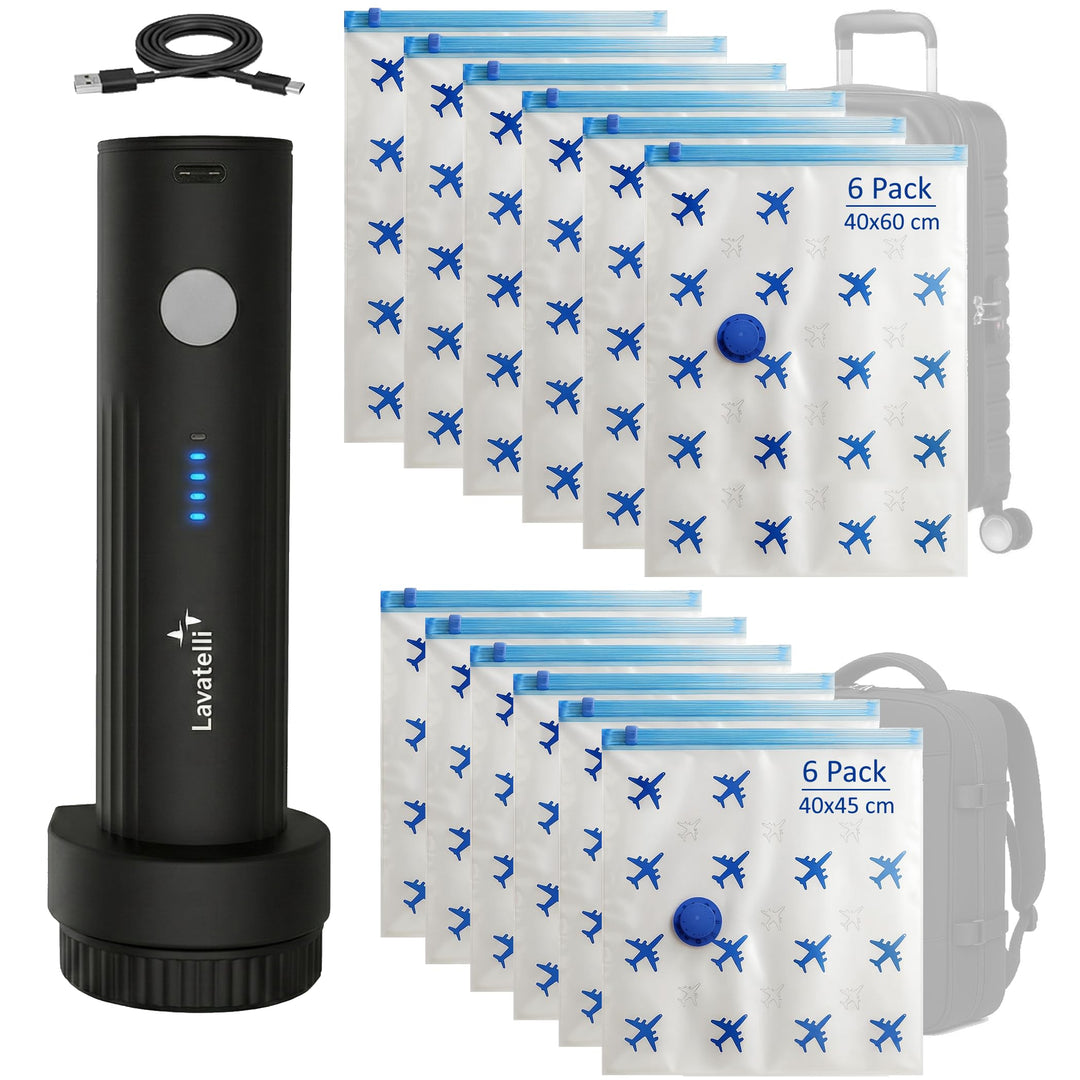 Lavatelli Ultimate Travel Set mit kabelloser USB-C Pumpe & 12 Vakuumbeuteln (6x 40x45 + 6x 40x60 cm)