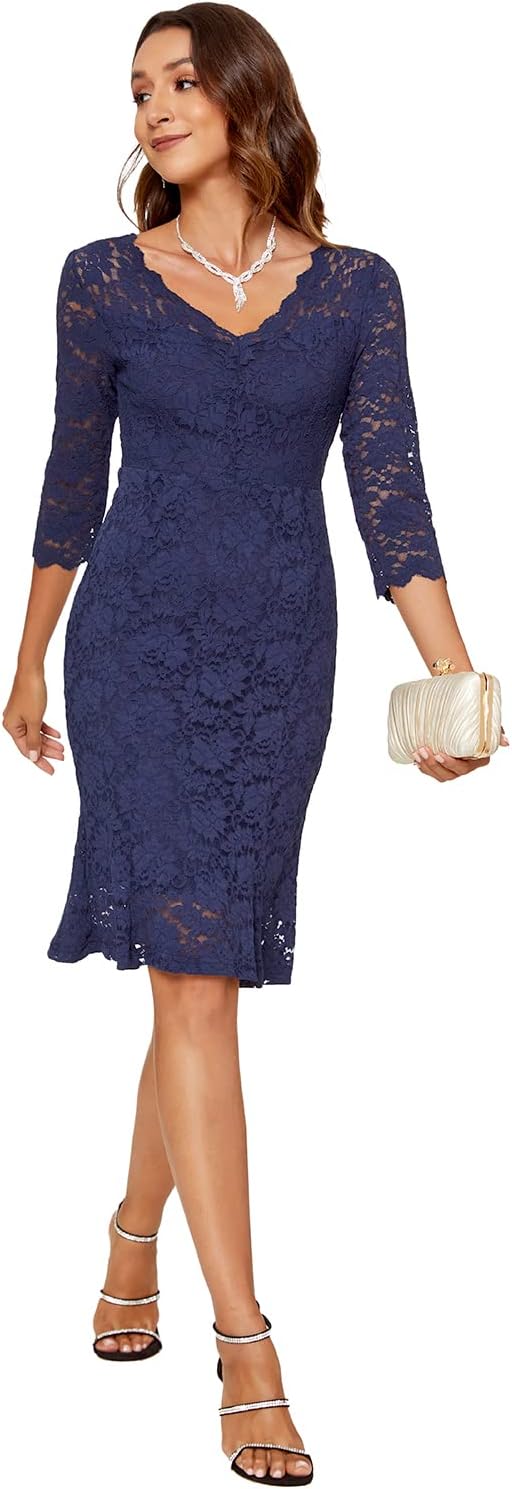 Atnlewhi Damen 3/4 Ärmel Kleid V-Ausschnitt Formeller Abend Bodycon Knielang Vintage Spitzenkleid El