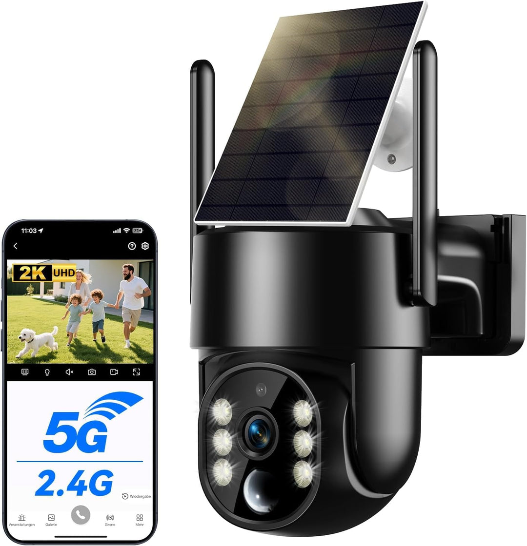2K 4MP Überwachungskamera Aussen Akku Solar, 2,4G- und 5G-WLAN, 360° PTZ-Aussenkamera mit Batteriebe