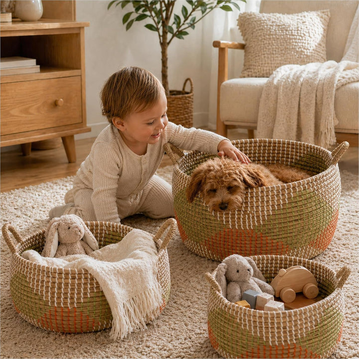 3er Set Aufbewahrungskorb Seegraskorb, Wäschekorb mit Griffen, Geflochtener Korb, Handgeflochtener S
