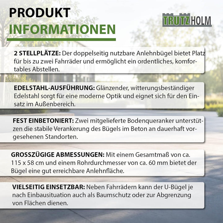 TRUTZHOLM Fahrradanlehnbügel Edelstahl 115x58 cm HxB Ø 60mm Fahrradständer Anlehnbügel Anlehnständer