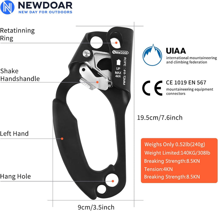 NewDoar UIAA & CE-zertifizierte Handsteigklemme Seilklemme Ascension Kletterbaum Baumpfleger Abseile