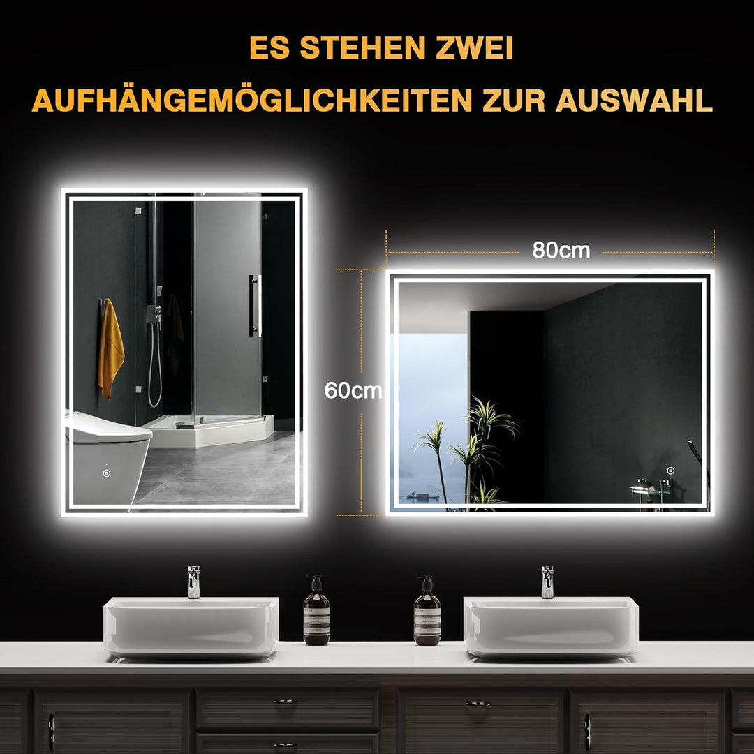 LED Badspiegel mit Beleuchtung – Badezimmerspiegel mit 3 Lichtfarben, Dimmbar, Anti-Beschlag, Touch/