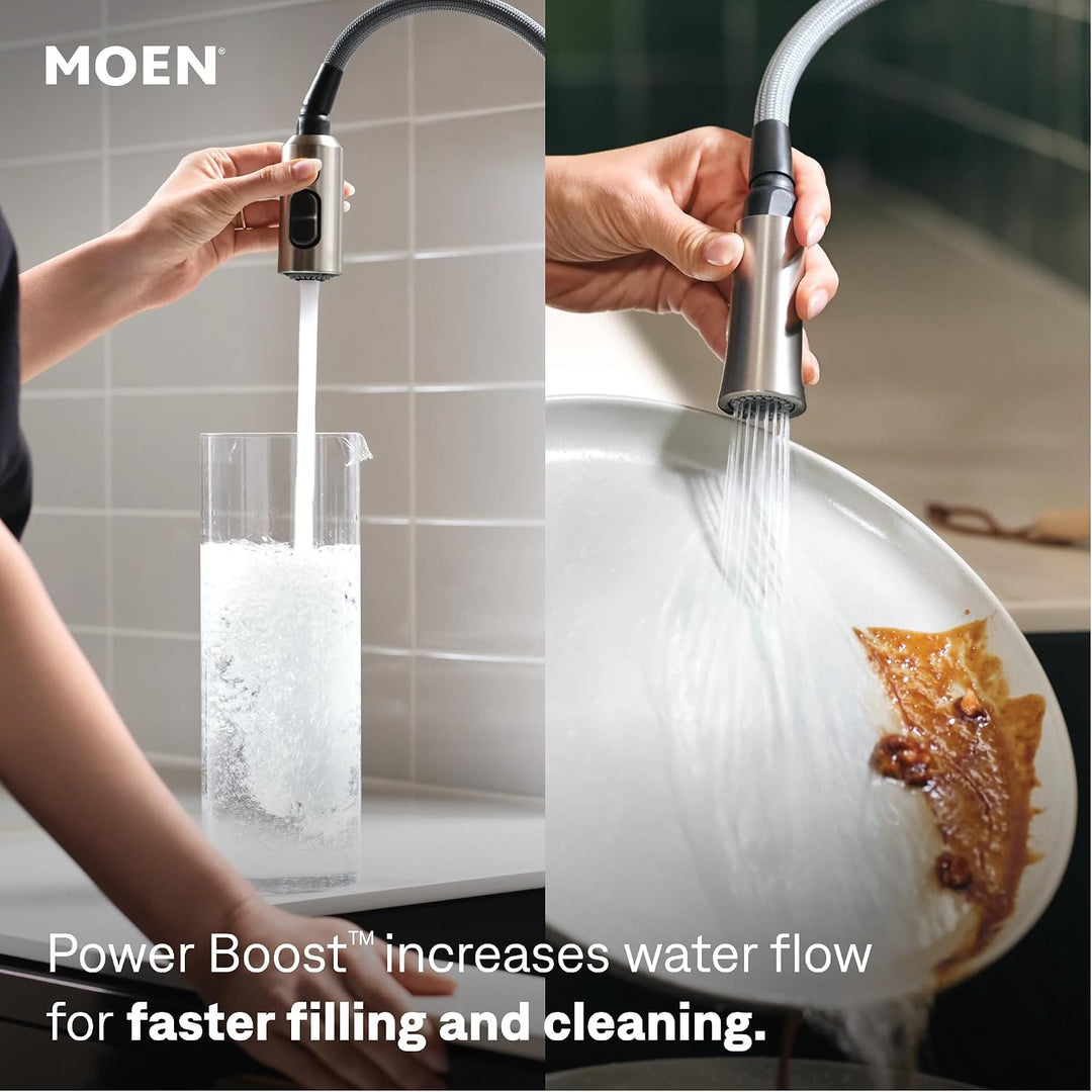 Moen 5923SRS Ausrichten Einhebel-Vorspülfeder-Küchenarmatur mit Power-Boost, Fleckenresistent, Stand