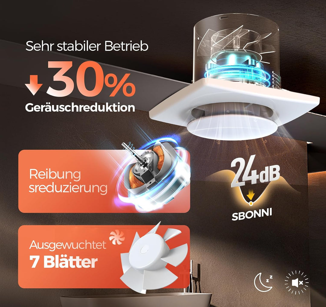 Badlüfter mit Feuchtigkeitssensor Temperatursensor Timer - 3 Stufen Bad Lüfter 100mm - Automatischer