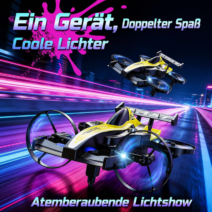 DEERC HT35 2-in-1 Drohne und RC-Auto für Kinder, ideal für Anfänger, Gelb | 3 Geschwindigkeitsstufen