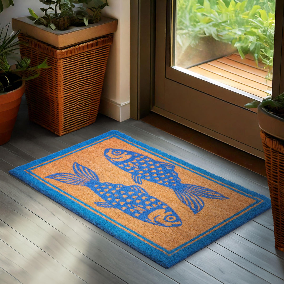 BRUBAKER Fussmatte für Aussen und Innen - Fische Blau - 45 x 75 cm Schmutzfangmatte aus 100% Kokos -