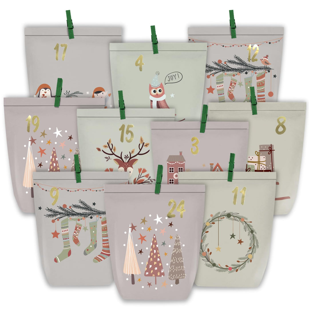 Adventskalender zum Befüllen, 24 Weihnachtskalender Papiertüten zum Selber Basteln, DIY Geschenktüte