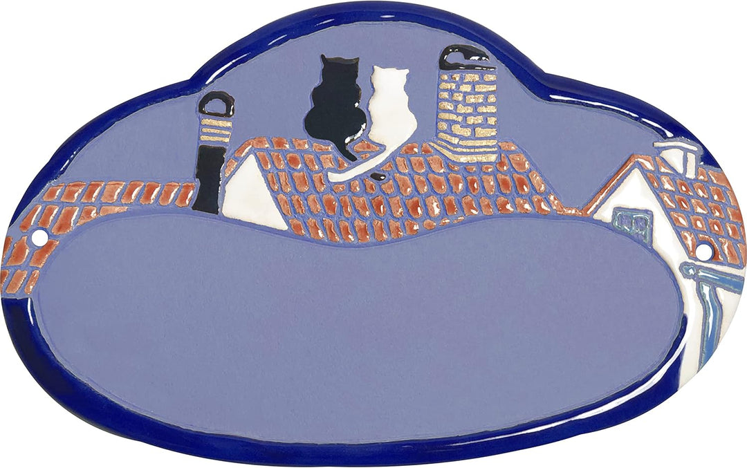 Handarbeit aus Schleswig-Holstein Keramikschild 19,5 x 12,5 cm Motiv Zwei Katzen auf Dachfirst (hell