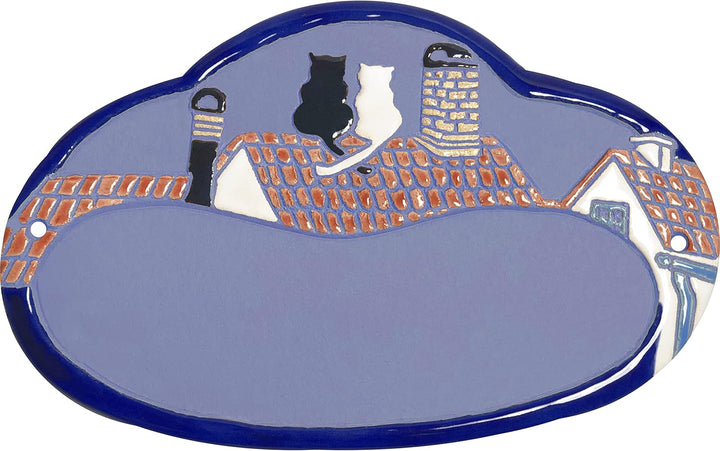 Handarbeit aus Schleswig-Holstein Keramikschild 19,5 x 12,5 cm Motiv Zwei Katzen auf Dachfirst (hell