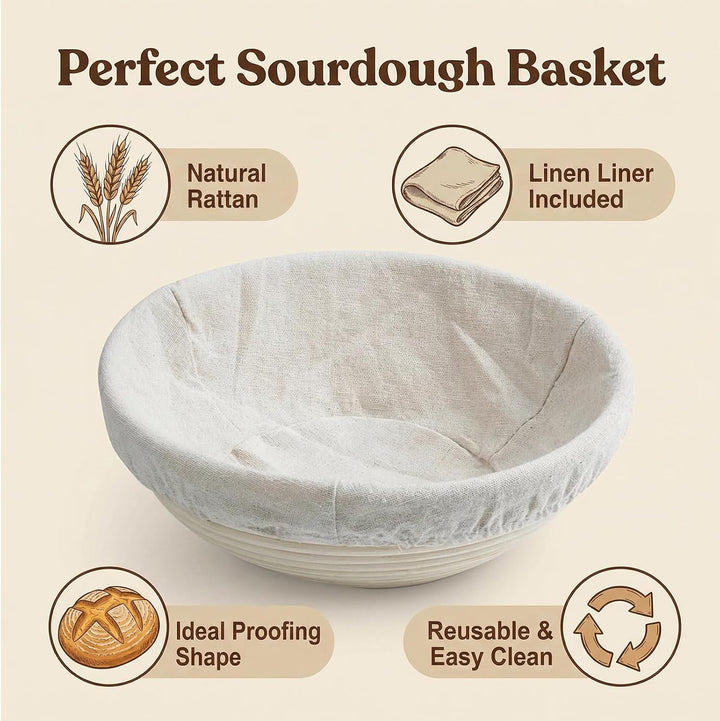 Gärkörbchen Rund 20 cm – Gärkorb für Brot aus Natur Rattan mit Leineneinsatz, für knusprige Kruste &