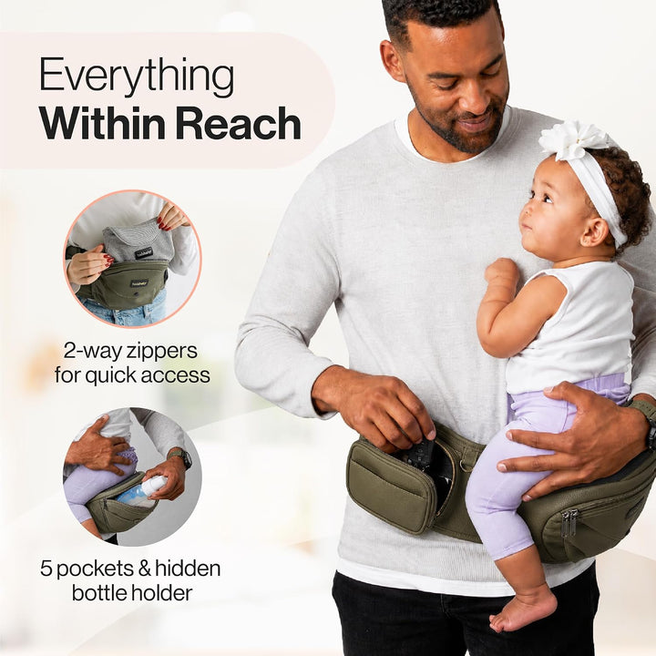 Tushbaby Baby Hüfttrage | Ergonomischer Hüftsitz Baby | Olive | Babytrage Seitlich für komfortables