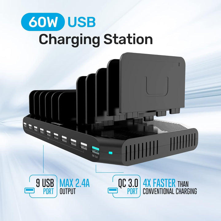 Unitek 60W USB Ladestation 10 Ports, Tablet Multi Ladestation mit QC3.0 und Einstellbaren Teiler für