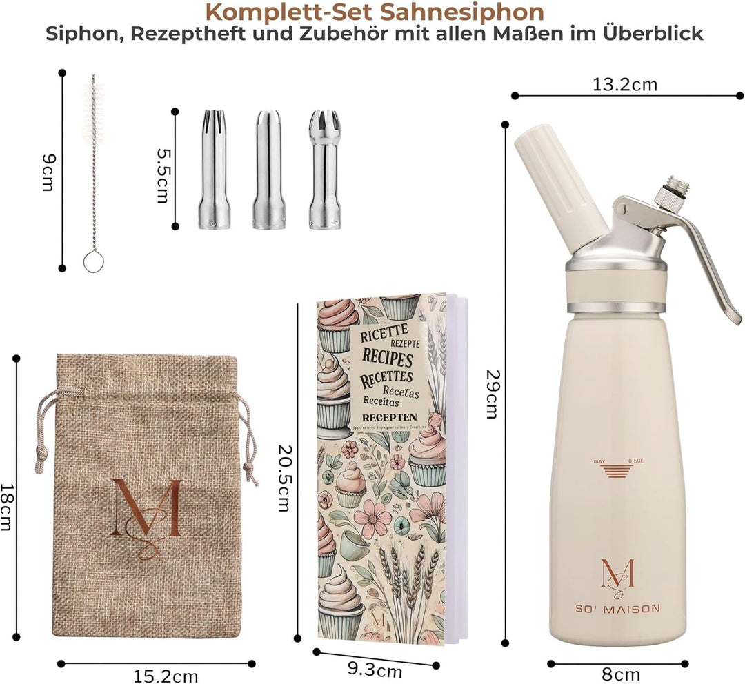 SO'MAISON Siphon Chantilly, 500 ml, cremefarbenes Vintage-Design, Rezeptbuch zum Nachfüllen – Siphon
