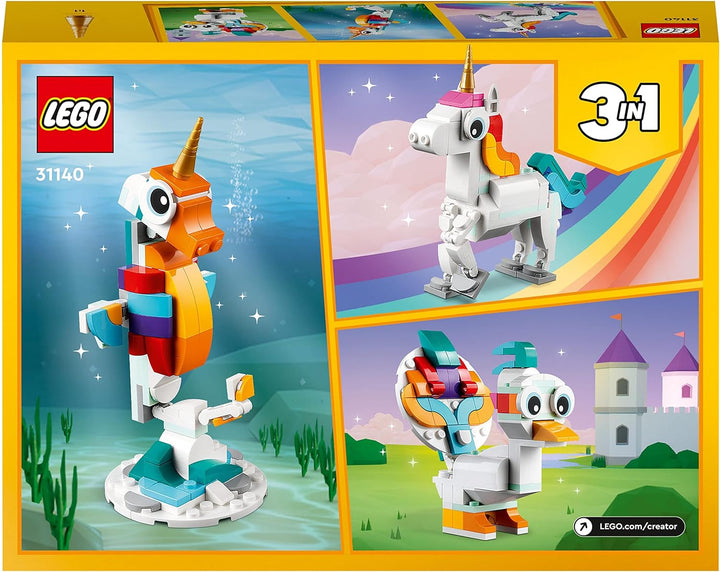 LEGO 31140 Creator 3in1 Magisches Einhorn Spielzeug, Seepferdchen, Pfau, Regenbogen-Einhorn-Tierfigu