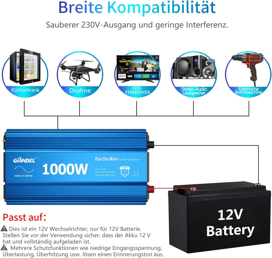 GIANDEL 1000W Wechselrichter Reiner Sinus 12V auf 230V KFZ Spannungswandler Power Inverter mit LCD-B