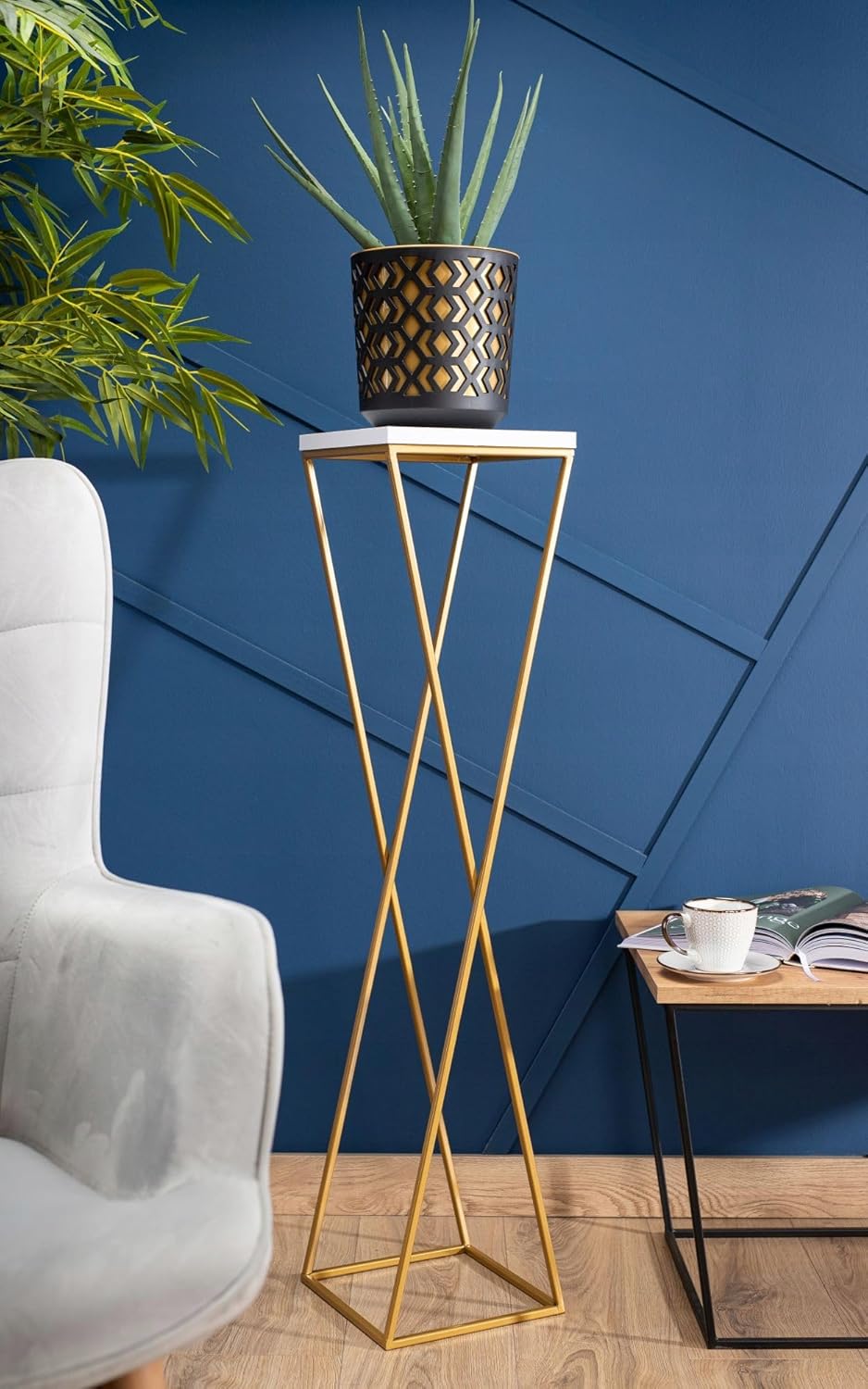 Pflanzenständer Metall 100 cm Hoch - Stabiler und Fester Blumenhocker mit Weiss MDF-Platte auf Gold