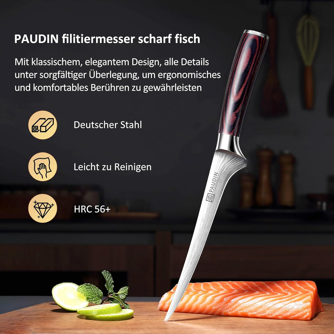 PAUDIN Filetiermesser Fisch 18 cm, Professionelles Küchenmesser Fischmesser, Ausbeinmesser aus Hochw