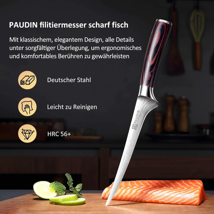 PAUDIN Filetiermesser Fisch 18 cm, Professionelles Küchenmesser Fischmesser, Ausbeinmesser aus Hochw