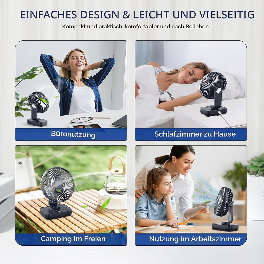 Mini Tischventilator Leiser, 120°Oszillation, 4 Geschwindigkeiten, USB Ventilator mit Akku 4000mAh,