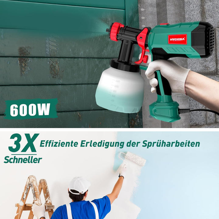 HYCHIKA 600W Farbsprühsystem, 1200ML HVLP Farbsprühgerät, 3 Sprühmuster, 4 Düsen und 2 Reinigungswer