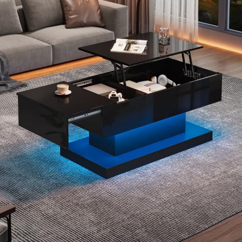 Merax Couchtische 100x50x45 cm, Hochglanz-Lift-Teetisch, Kaffeetisch mit LED-Beleuchtung – Halbhebba