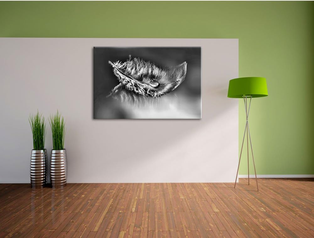 Pixxprint Wassertropfen auf Feder als Leinwandbild | Grösse: 100x70 cm | Wandbild | Kunstdruck | fer
