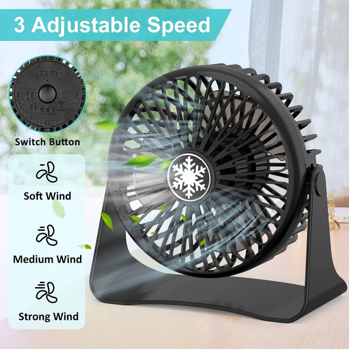 OUILA Mini Leise Ventilator, 3 Geschwindigkeitsstufen Tischventilator mit 1.2m USB Kable, 360°Drehei