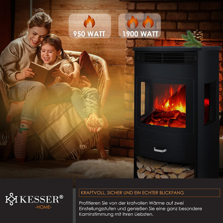 KESSER® Prio Elektrokamin mit Heizung Heizlüfter Fernbedienung WiFi App 950/1900 W Kamin elektrisch