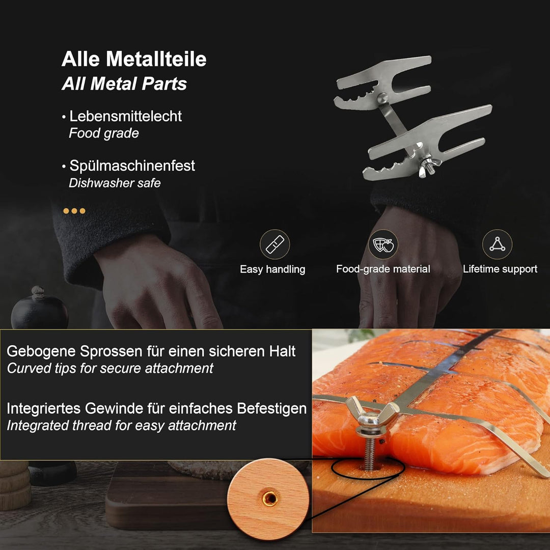 Bargen Flammlachsbretter mit Edelstahl-Halterung - Premium Grillzubehör für Feuerschalen und Kugelgr