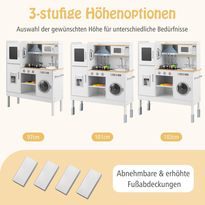 COSTWAY Kinderküche Holz, Spielküche mit Licht und Sound, Holzküche mit Tafel, Mikrowell, Spüle, Ofe