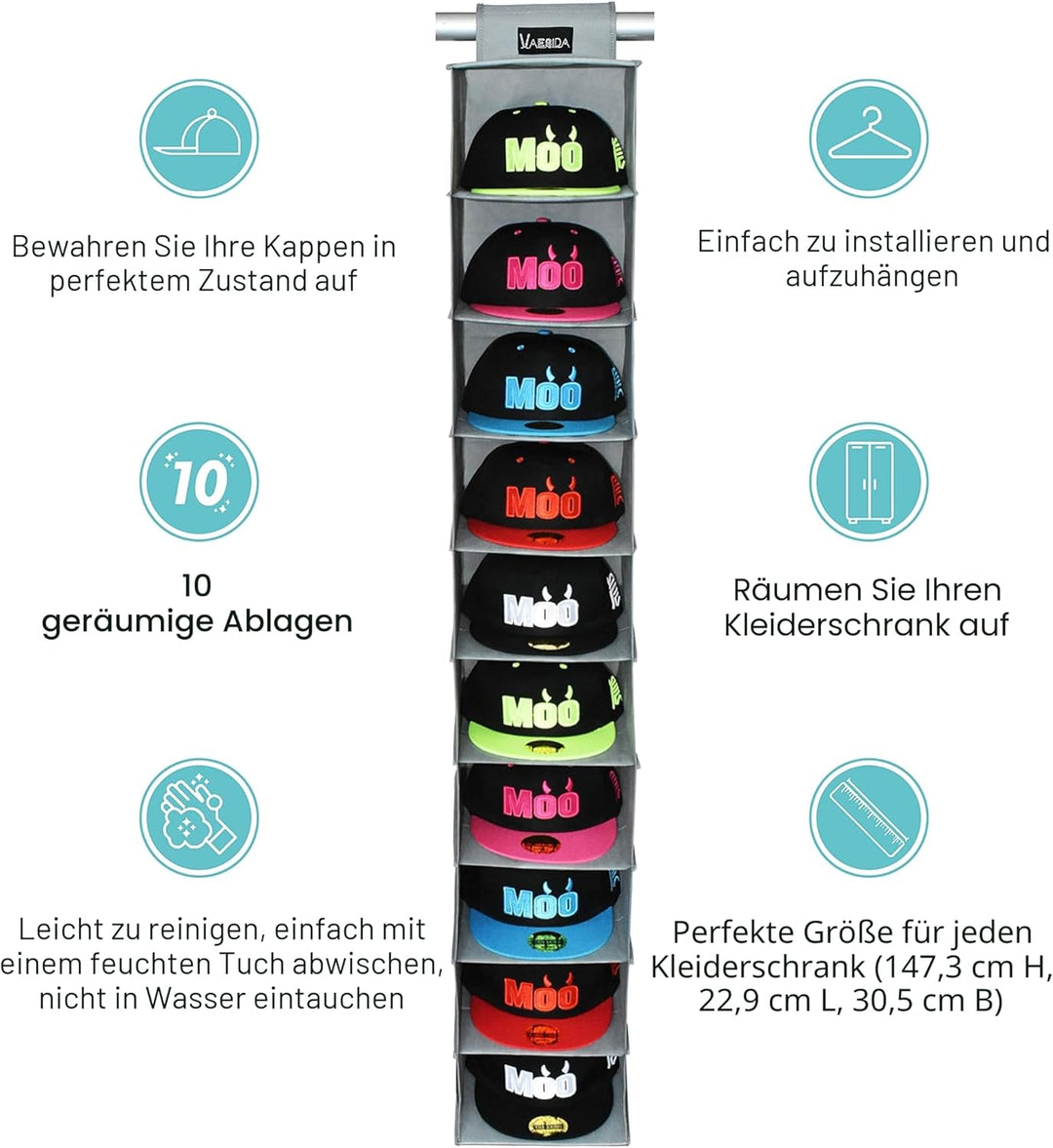 VAESIDA Hutablage & Baseball Kappen-Halter – 10 Regale, hängender Schrank für Baseballhut-Aufbewahru