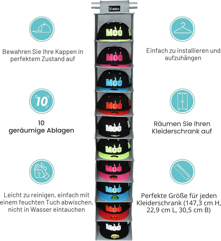 VAESIDA Hutablage & Baseball Kappen-Halter – 10 Regale, hängender Schrank für Baseballhut-Aufbewahru