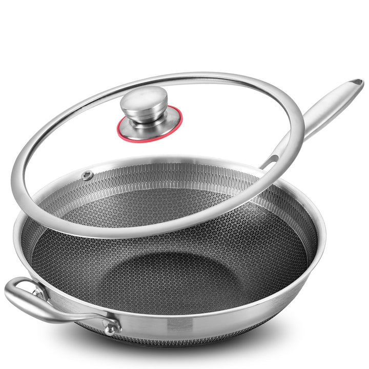 LOLYKITCH 32 cm Hybrid Wokpfanne mit Deckel, Edelstahl-Wokpfanne mit Antihaft-Wabenstruktur, für Ind