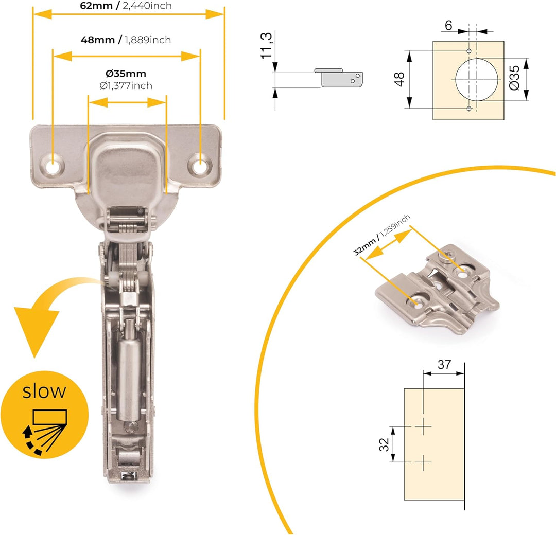 Emuca 1011507 Pack aus 20 Topfscharnieren Ø35mm 100° mit sanftem Verschluss für aneinanderstossende