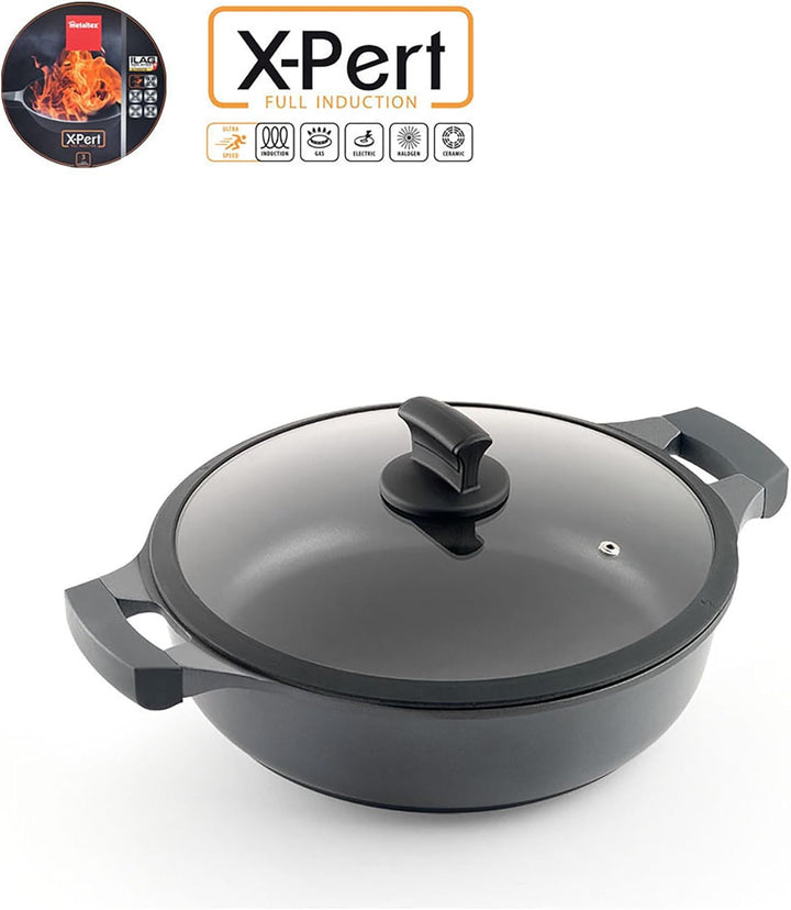 Metaltex XPERT - Low Cast Aluminum Casserole 26 cm with Tempered Glass Lid niedriger Topf 26 cm, nie