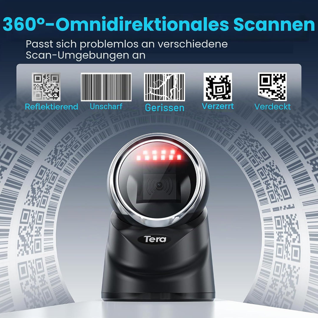 Tera Pro 2D QR Desktop Barcode Scanner Omnidirektional Einstellbarer Scankopf, USB Wired Handsfree P
