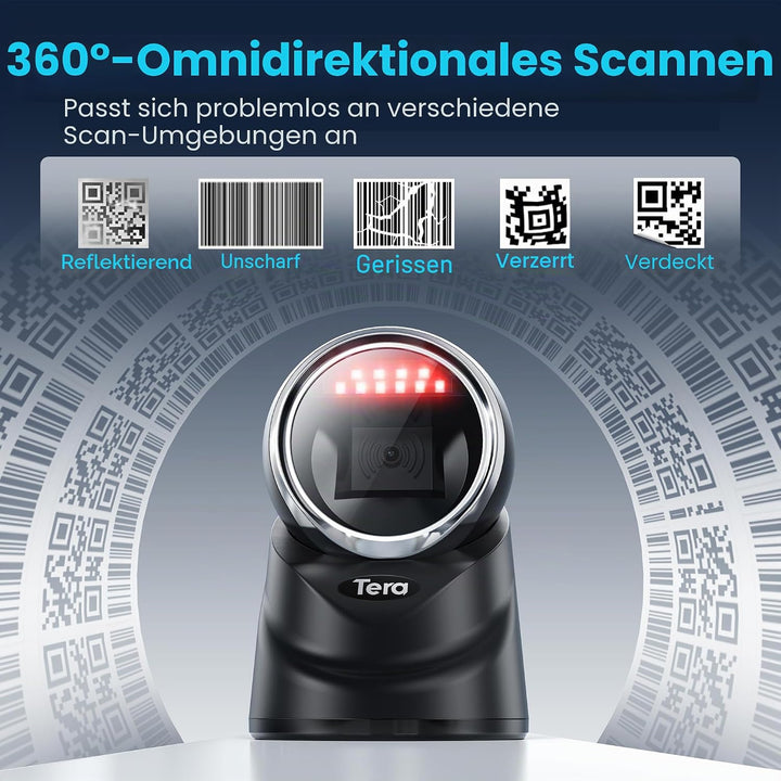 Tera Pro 2D QR Desktop Barcode Scanner Omnidirektional Einstellbarer Scankopf, USB Wired Handsfree P