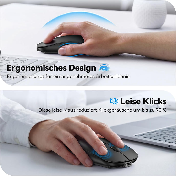 TECKNET Bluetooth Maus USB-C &amp; USB-A, Slim Kabellose Maus mit 4 Tasten Schwarz, Schwarz