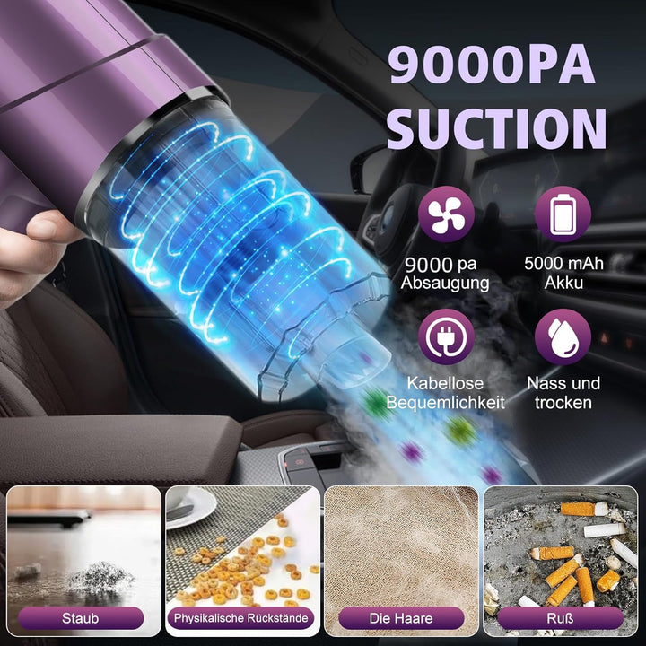Handstaubsauger Akku Kabellos 9000Pa Mini Staubsauger Auto Wiederaufladbar mit 120W/12V High Power,S