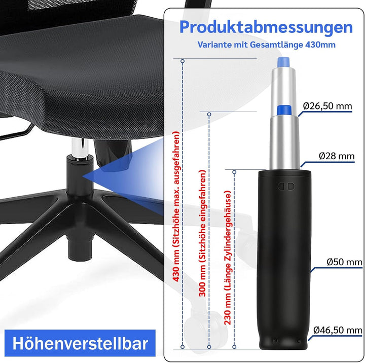 Bemacom Gasdruckfeder für Bürostuhl bis 200kg Belastbarkeit, Länge 430mm Schwarz Ersatz Gasdruckfede