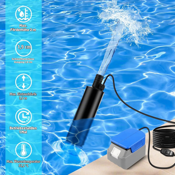 Tauchpumpe kompatibel mit Makita 18V Batterie, 30L/min, Aufzug 15FT, 120W angetriebene Wasserpumpe,
