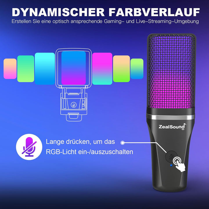 zealsound Gaming USB Mikrofon PC, für Streaming Podcast Studio, für PS4 PS5 Mac Handy, mit Typ-C Ada